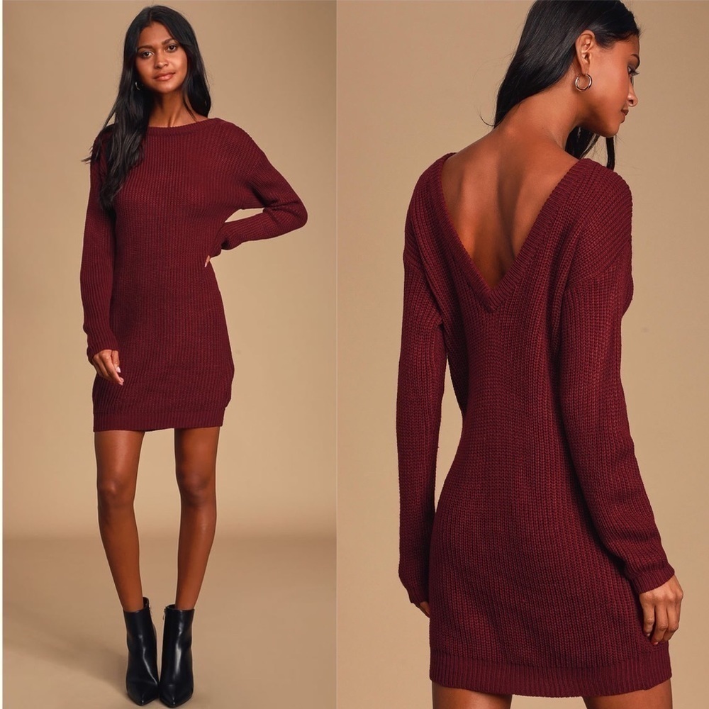 LULU’S Bringing Sexy Back Wine Red Backless Sweater Dress